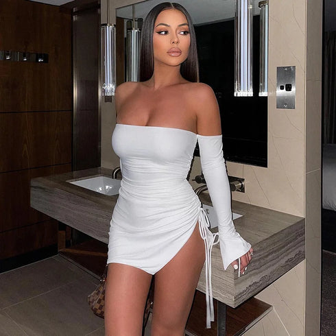 Sexy Off Shoulder Long Sleeve Pleated Tight Fit Dress for Women Party Club Evening